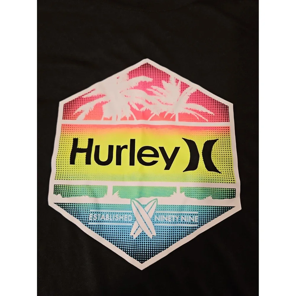Hurley Swim Shirt Youth Size 14/16 Black UPF 50+ Neon Graphic Swimwear Logo(190